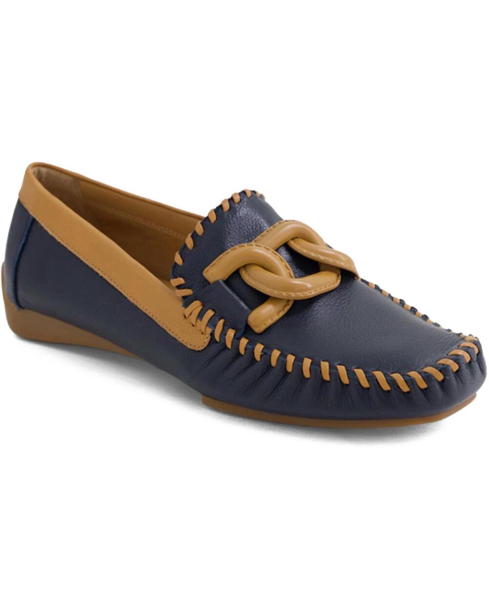 NEW DJANGO & JULIETTE women's lahey loafers in navy-dark tan leather